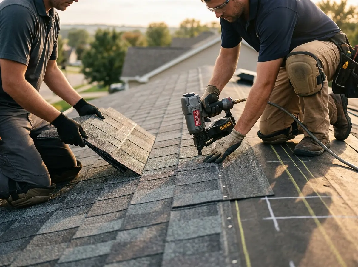 Professional roofer working on a residential roof in Elizabeth